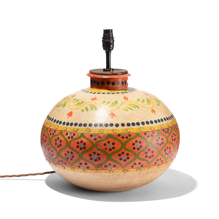 Painted Iron Matka made into Lamp - from Punjab - Orange/Green | Indigo Antiques