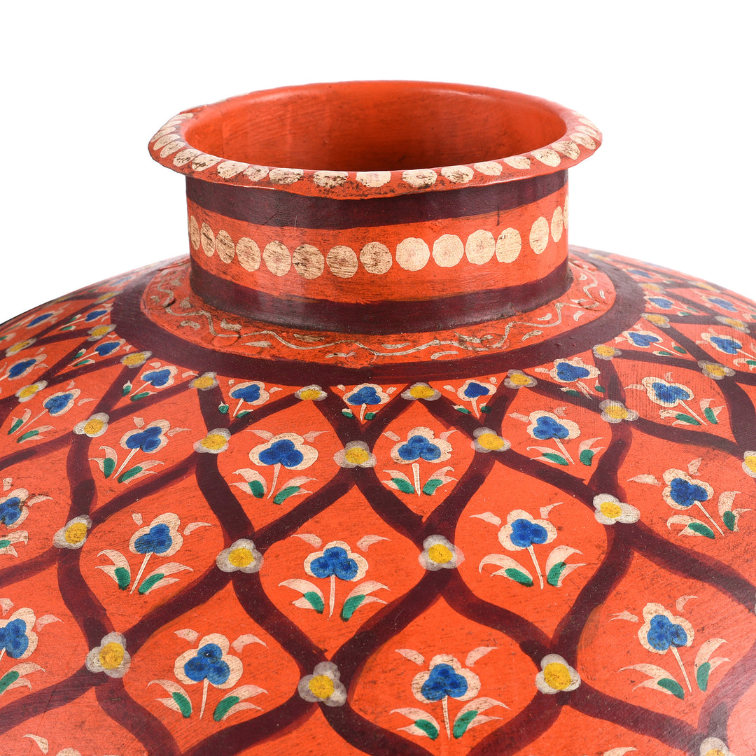 Opening Detail From Jaipur Red Painted Indian Iron Matka (Indian Water Pot) | Indigo Antiques