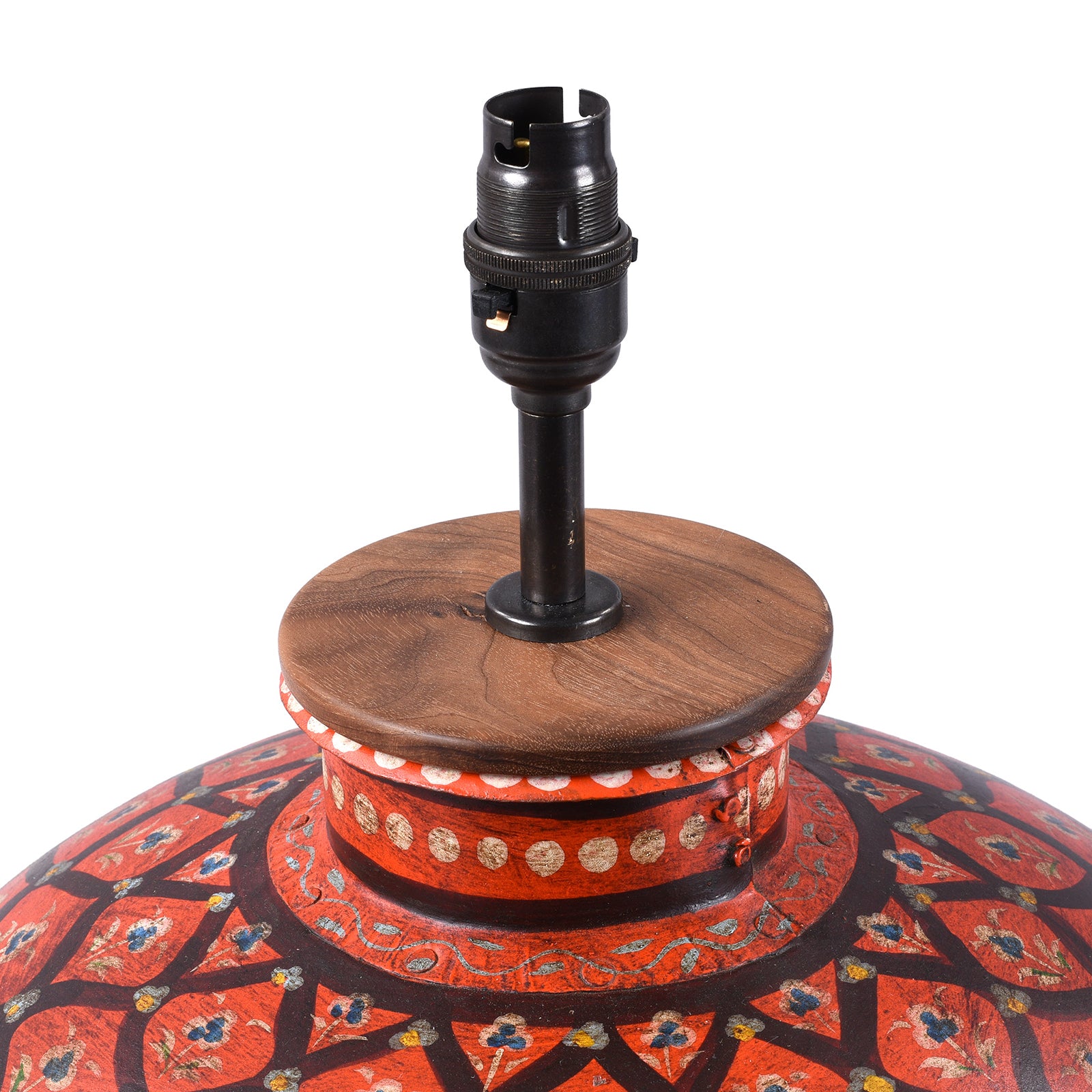 Fitting Detail From Red Jali Design Painted Indian Matka Lamp 