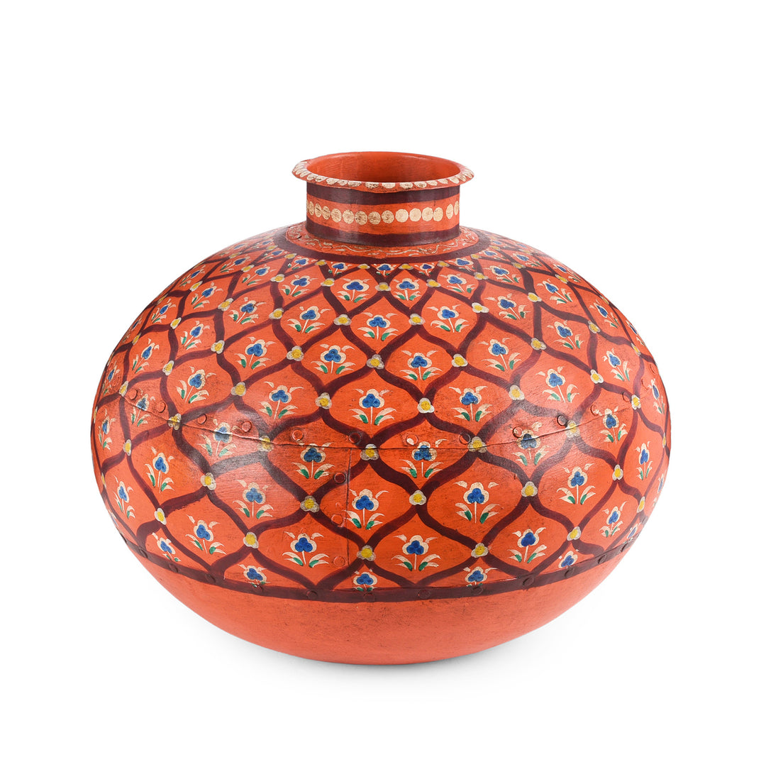 Jaipur Red Painted Indian Iron Matka (Indian Water Pot) | Indigo Antiques