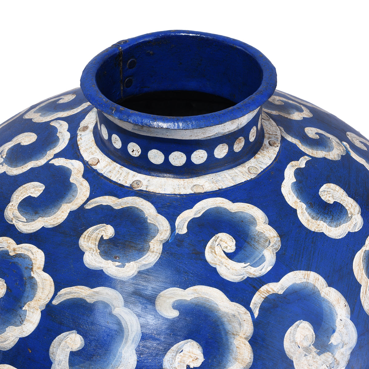 Blue Painted Indian Iron Matka (Indian Water Pot) | Indigo Antiques