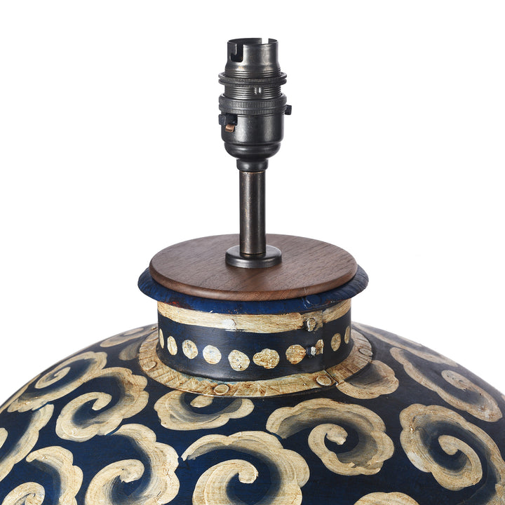 Detail From Bulb Fitting Of Painted Iron Matka Lamp - Blue Clouds | Indigo Antiques