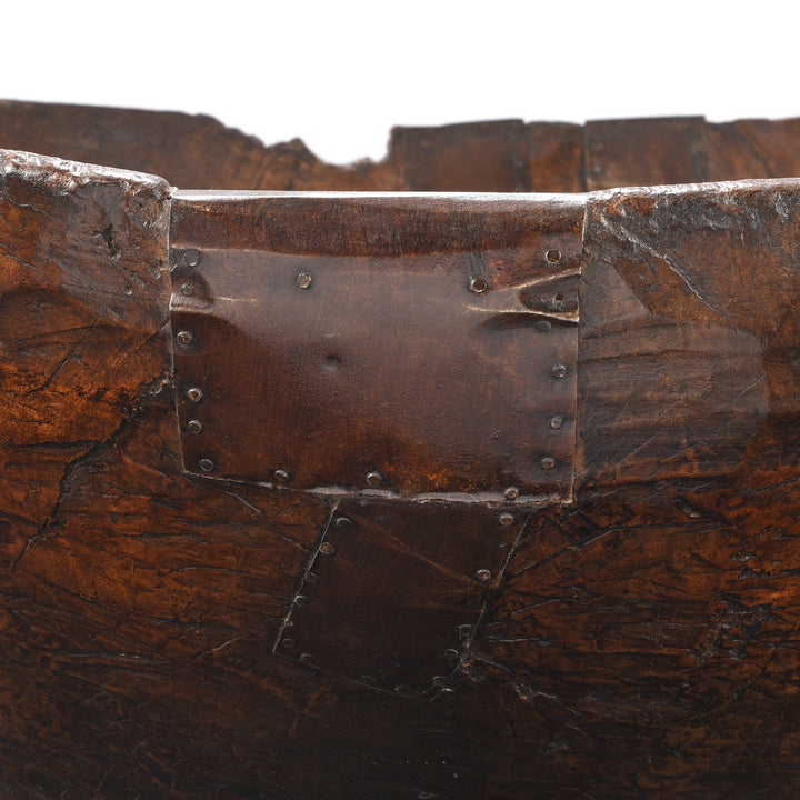 Repair Detail From Large Carved Teak Bowl From Banswara | Indigo Antiques