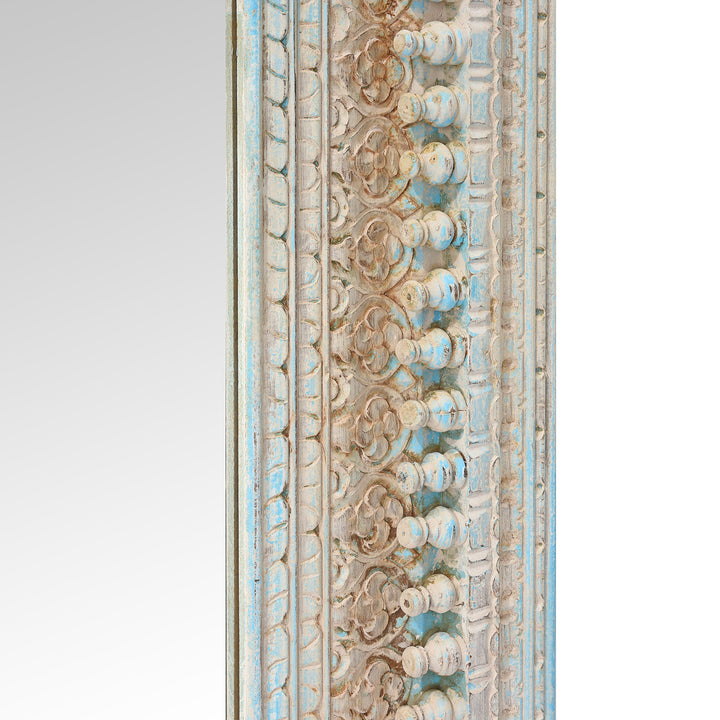 Detail From Square Indian Carved Mango Wood Mirror - Blue Painted | Indigo Antiques