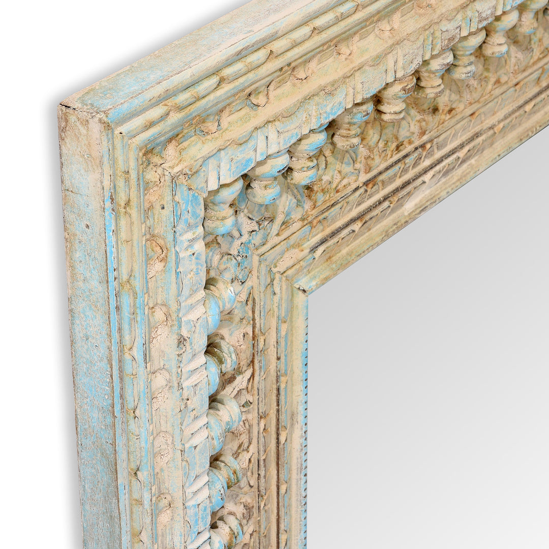 Depth Detail From Square Indian Carved Mango Wood Mirror - Blue Painted | Indigo Antiques