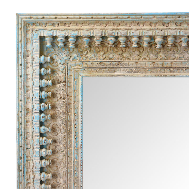Corner Detail From Square Indian Carved Mango Wood Mirror - Blue Painted | Indigo Antiques