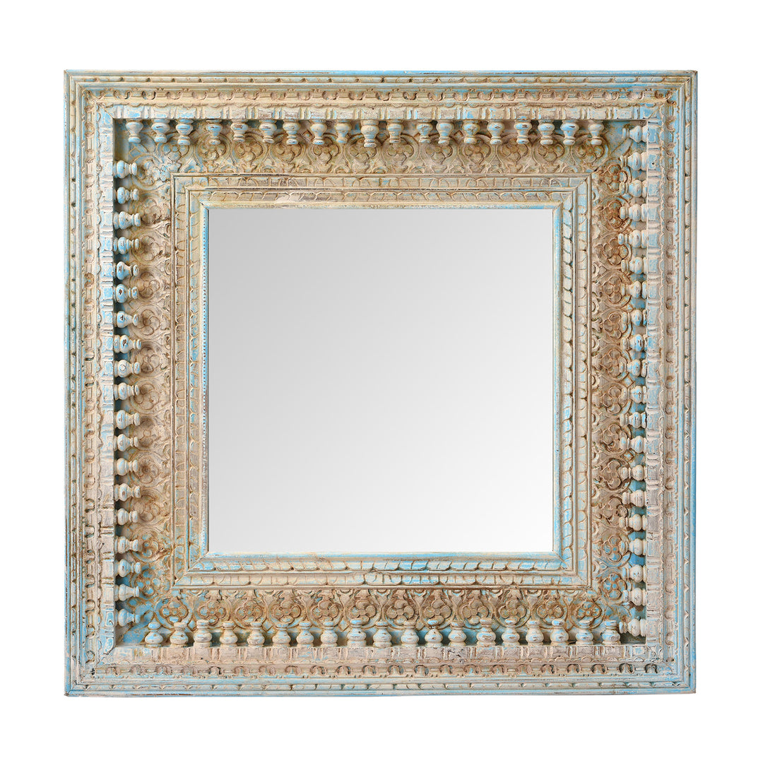 Square Indian Carved Mango Wood Mirror - Blue Painted | Indigo Antiques