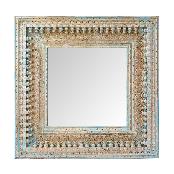 Square Indian Carved Mango Wood Mirror - Blue Painted | Indigo Antiques