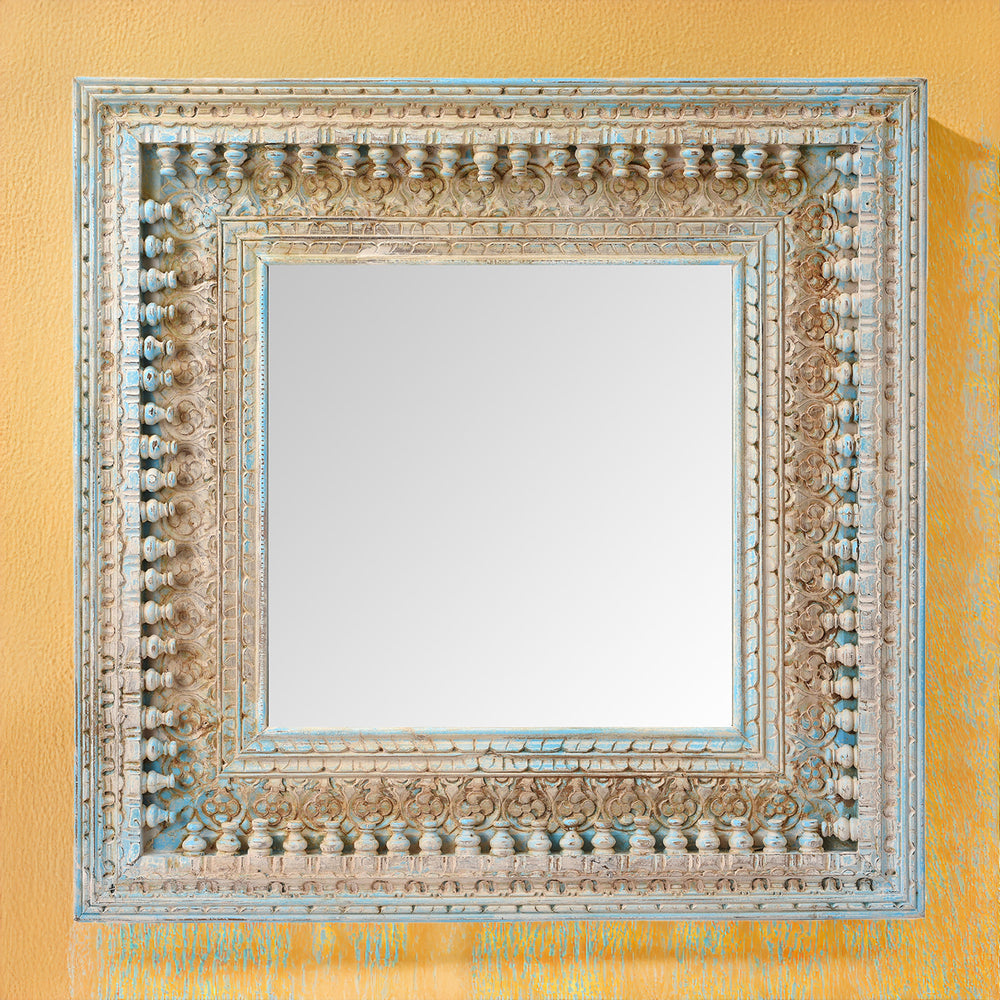 Square Indian Carved Mango Wood Mirror - Blue Painted | Indigo Antiques