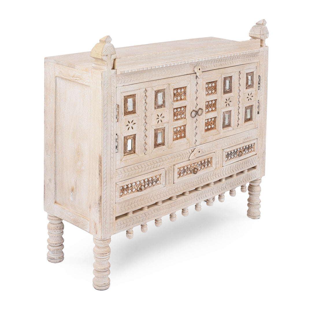 Angled View Of Kutchi Carved Damchiya Sideboard | Indigo Antiques