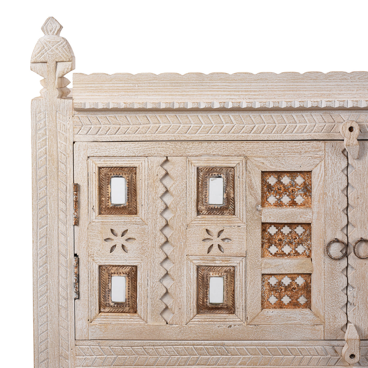 Corner Detail From Kutchi Carved Damchiya Sideboard | Indigo Antiques