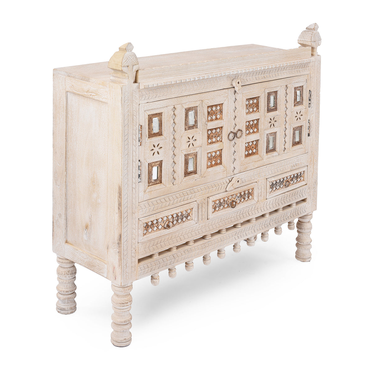 Angled View Of Kutchi Carved Damchiya Sideboard | Indigo Antiques