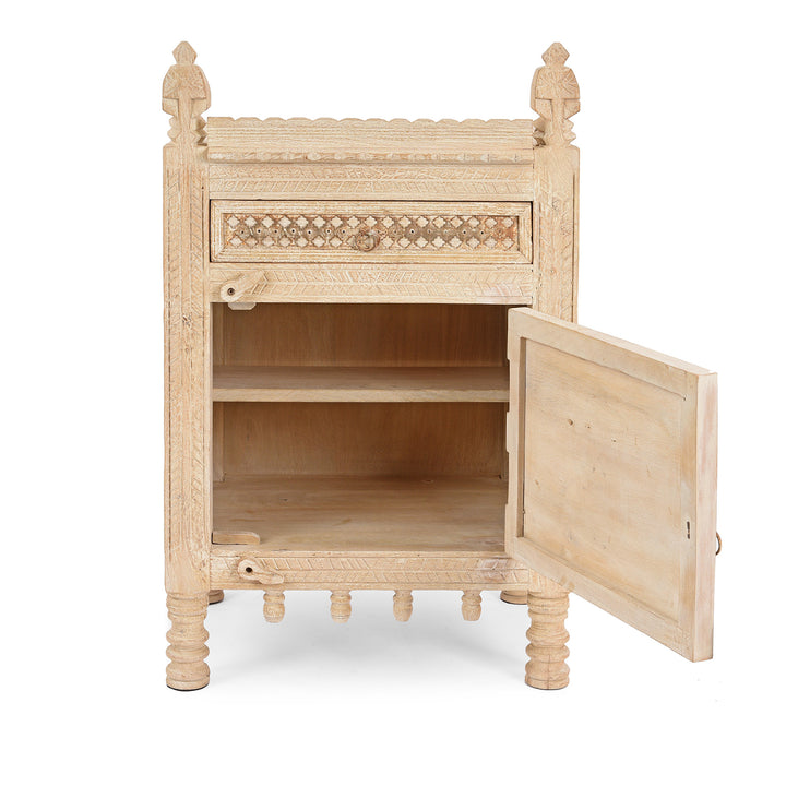 Open View Of White Limed Indian Kutchi Bedside Cabinet Made from Sustainable Mango Wood | Indigo Antiques