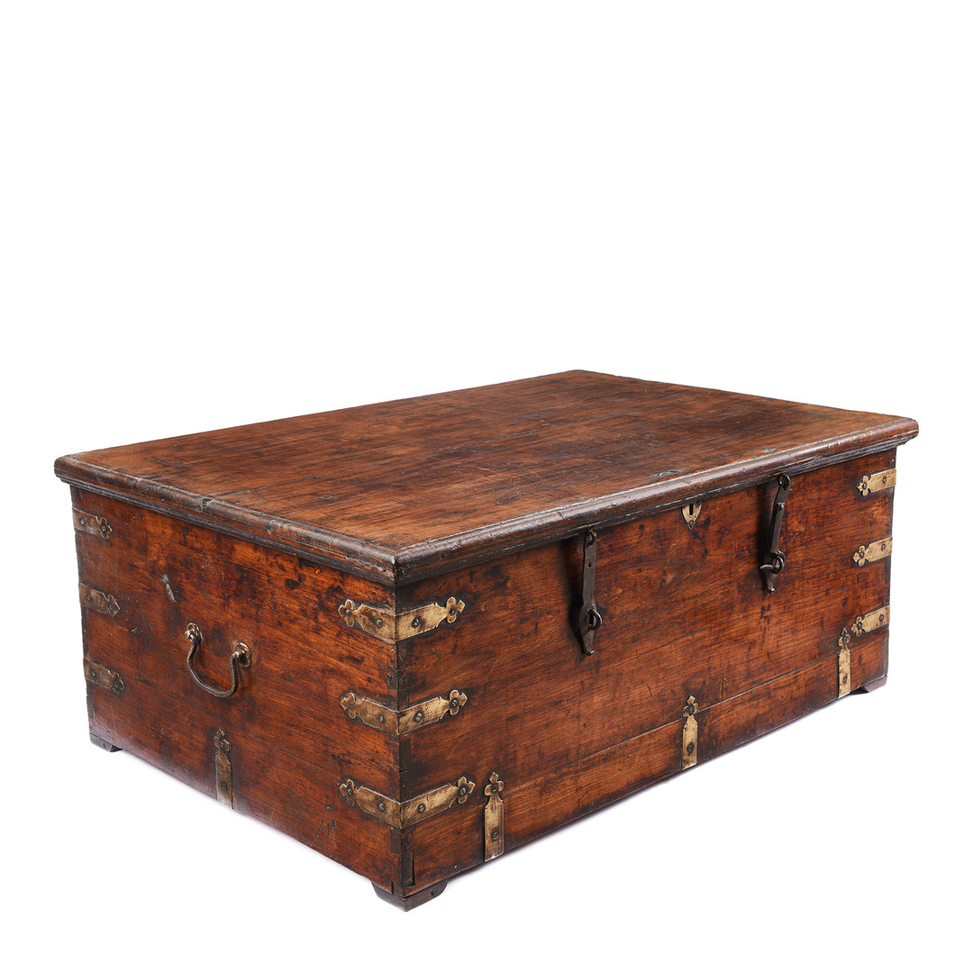 Angled View Of Brass Bound Teak Chest From Gujarat | Indigo Antiques
