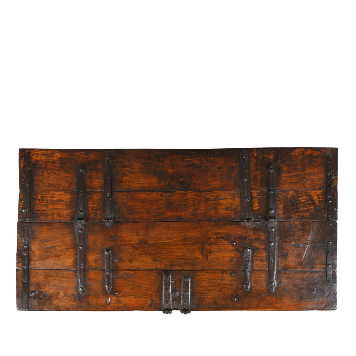Top Down View Of Antique Indian Iron Bound Teak Dowry Chest From Kutch | Indigo Antiques