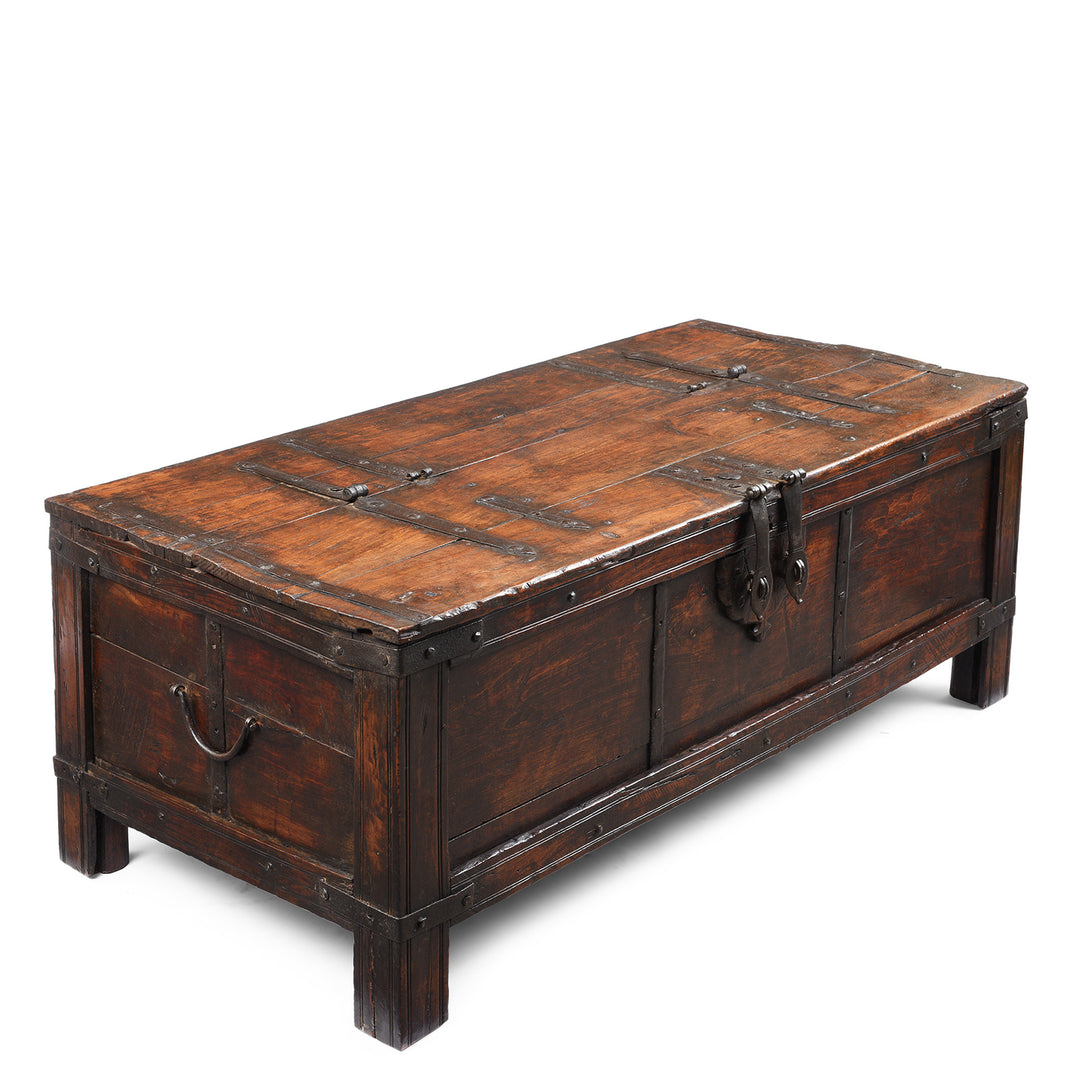 Angled View Of Antique Indian Iron Bound Teak Dowry Chest From Kutch | Indigo Antiques