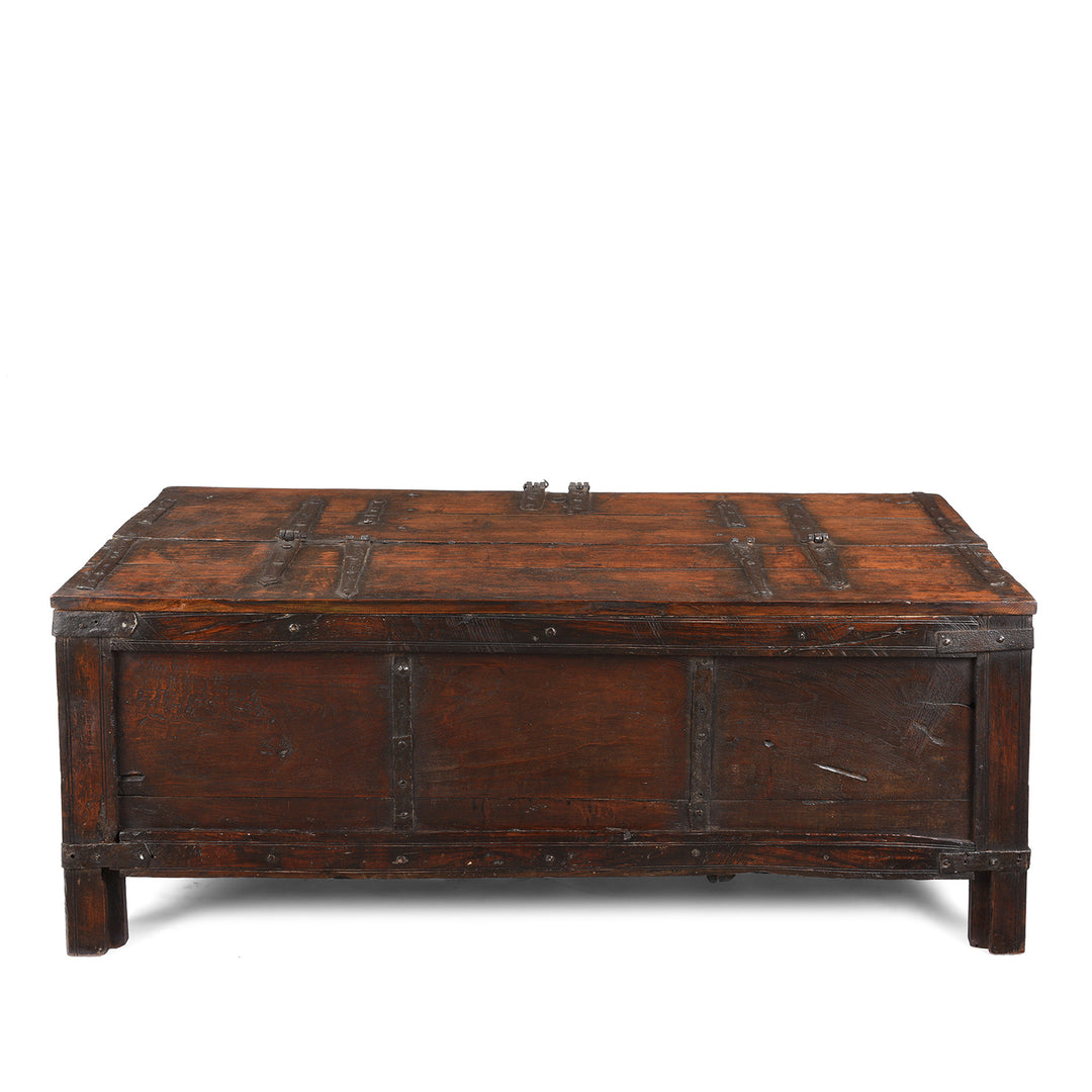 Back of Antique Indian Iron Bound Teak Dowry Chest From Kutch | Indigo Antiques
