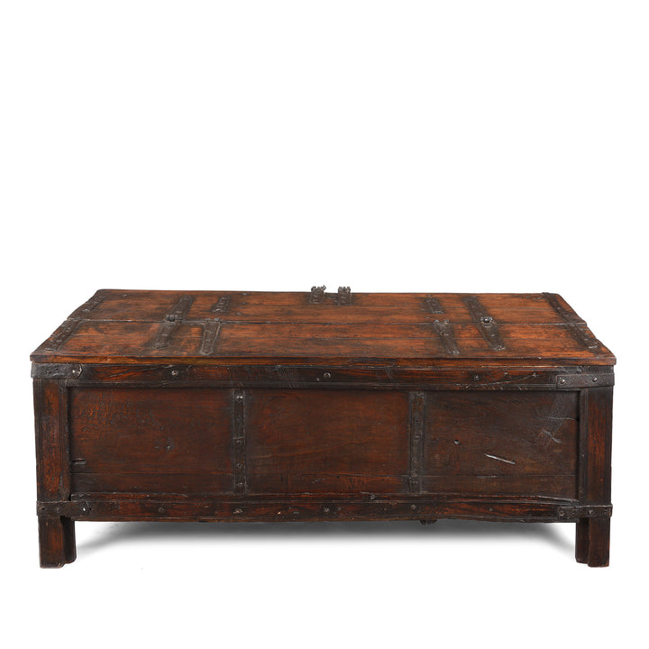 Back of Antique Indian Iron Bound Teak Dowry Chest From Kutch | Indigo Antiques