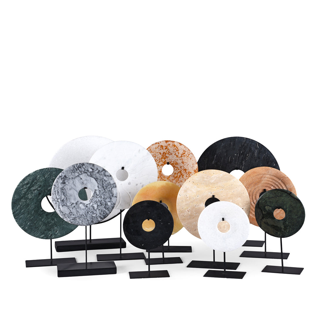 A large Group Of Polished Chinese Bi's On Stands Of Varying Sizes, COlours And Designs