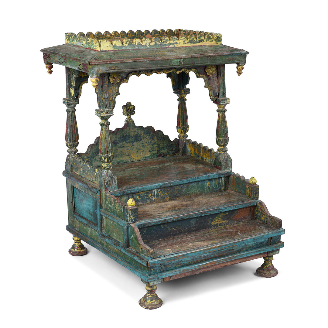 Angled View Of Antique Indian Painted Teak Singhasan | Indigo Antiques