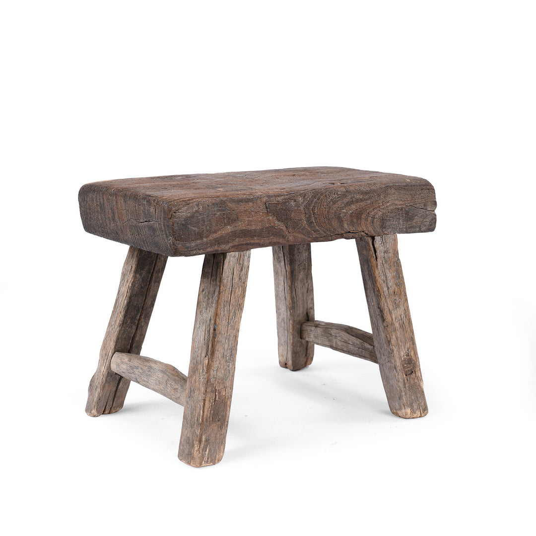 Angled View Of Vintage Chinese Rustic Farmhouse Elm Low Stool | Indigo Antiques 