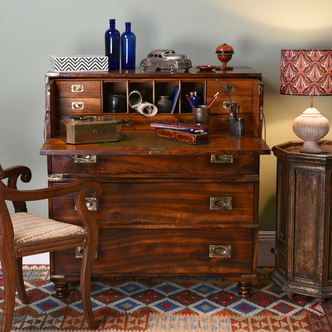 Anglo Indian Chest of Drawers with an Indian Temple Collection Box used as a side table | Indigo ANtiques