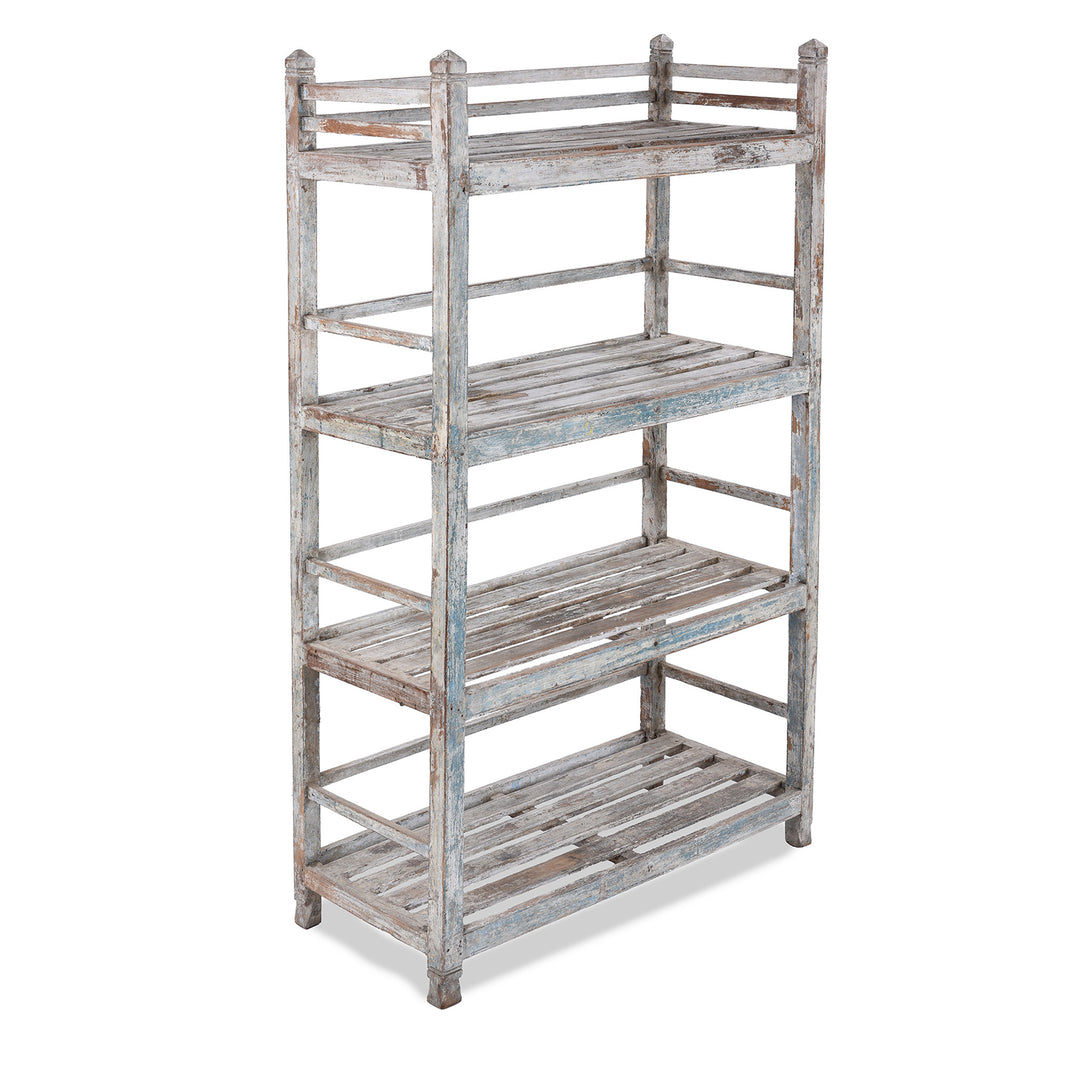 Angled View Of Anglo Indian Teak Four Tier Shelf With Original Cream And Blue Paint Circa 1940s