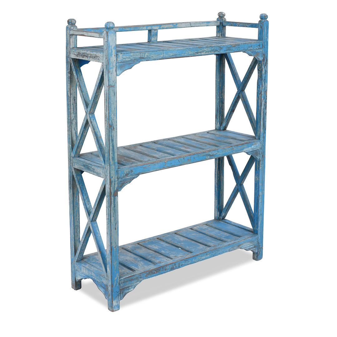 Angled View Of Anglo Indian Teak Three Tier Slatted Shelf With Original Blue Painted Finish Circa 1930s | Indigo Antiques