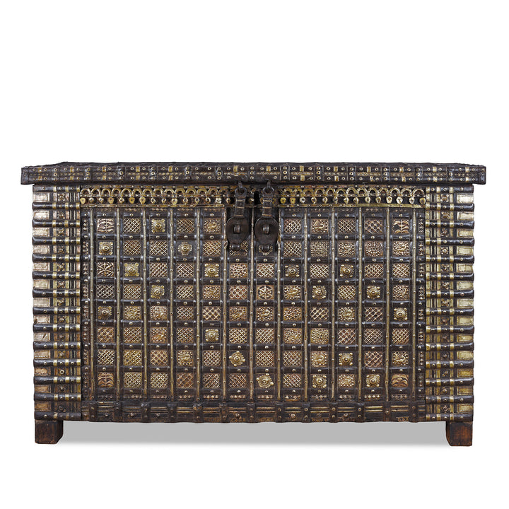 Antique 18th Century Iron Bound Teak Pithara Dowry Chest With Brass Studs Carved Animal Motifs And Interior Chains Adapted As Console Table