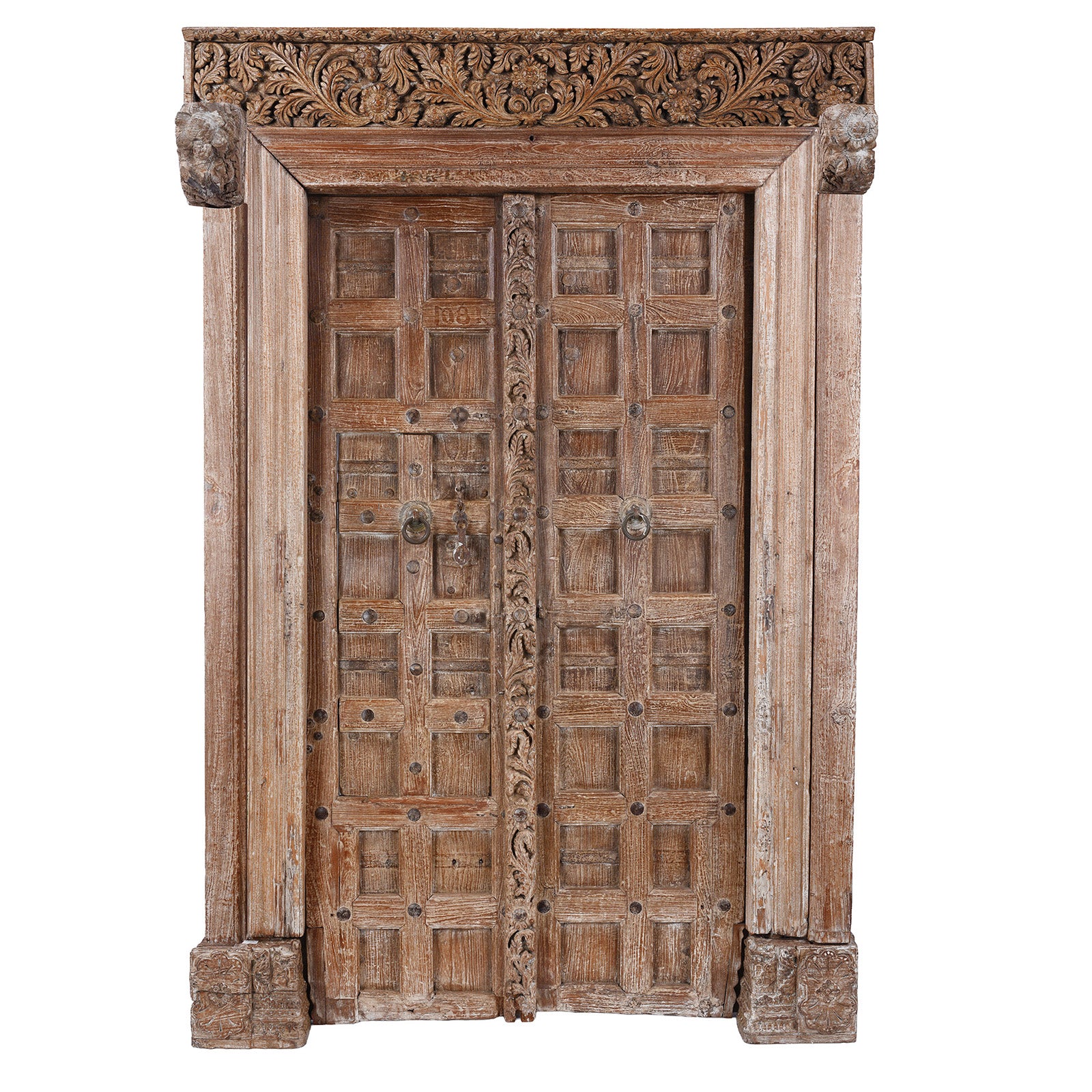 Antique 19Th Century Kutchi Teak Door And Carved Frame With Wicket Door And Lime Washed Finish From Gujarat India