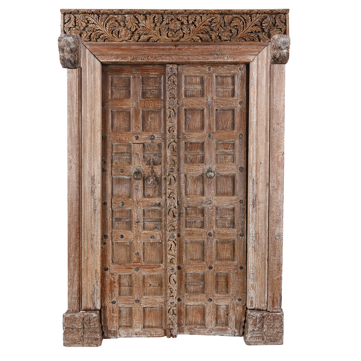 Antique 19Th Century Kutchi Teak Door And Carved Frame With Wicket Door And Lime Washed Finish From Gujarat India