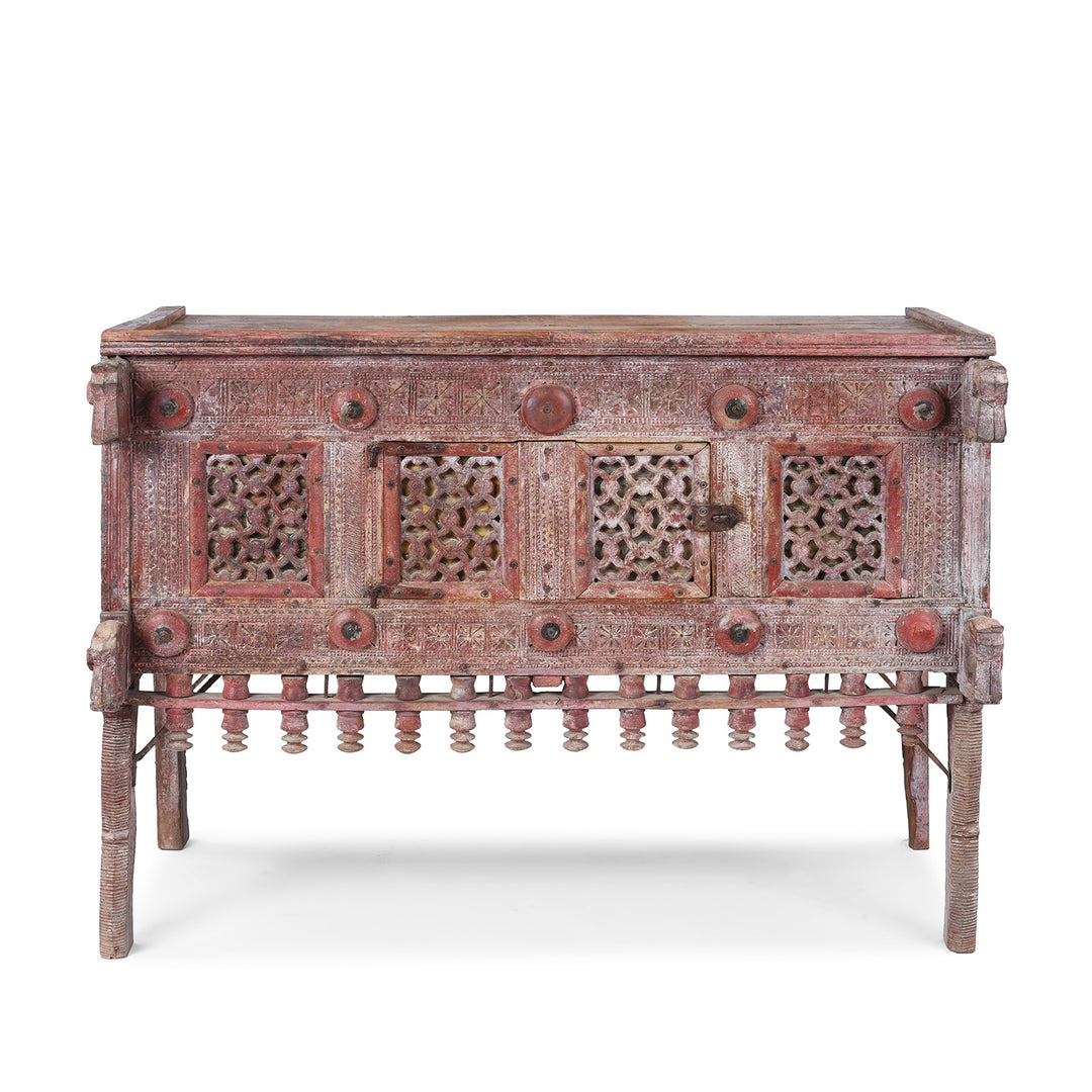 Antique 19th Century Indian Majus Dowry Chest From Gujarat With Carved Panels Studs And Red Painted Finish | Indigo Antiques