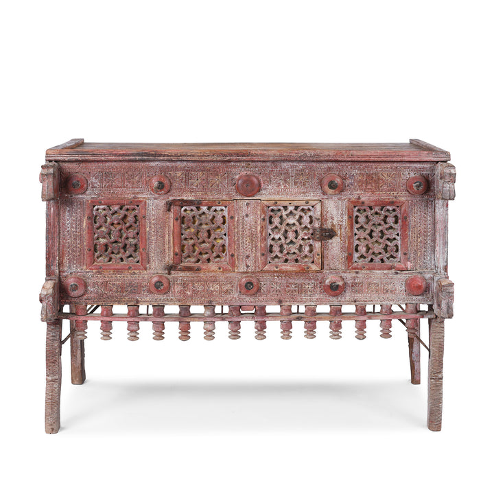 Antique 19th Century Indian Majus Dowry Chest From Gujarat With Carved Panels Studs And Red Painted Finish | Indigo Antiques