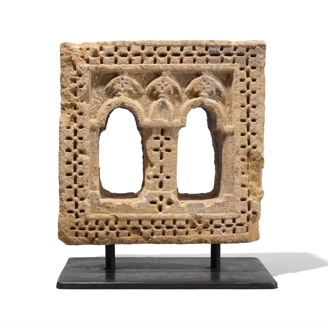 Antique 19th Century Jaisalmer Yellow Sandstone Twin Arched Lamp Niche Mounted On Stand With Hand Carved Geometric Detailing | Indigo Antiques