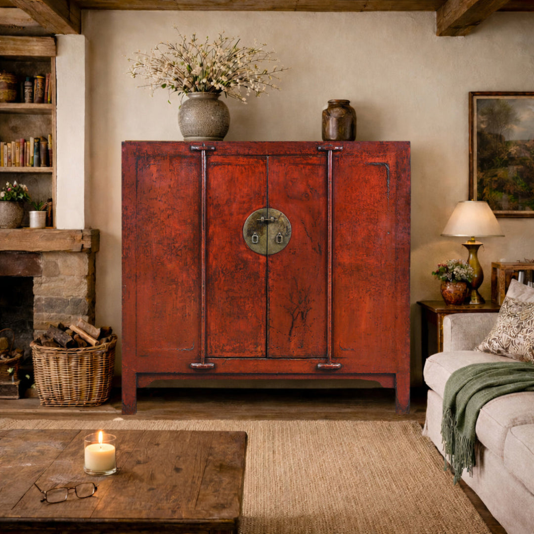 Lifestyle Of Antique 19th Century Qing Dynasty Shanxi Red Lacquer Wedding Cabinet In Original Peking Red With Brass Lock Plate | Indigo Antiques