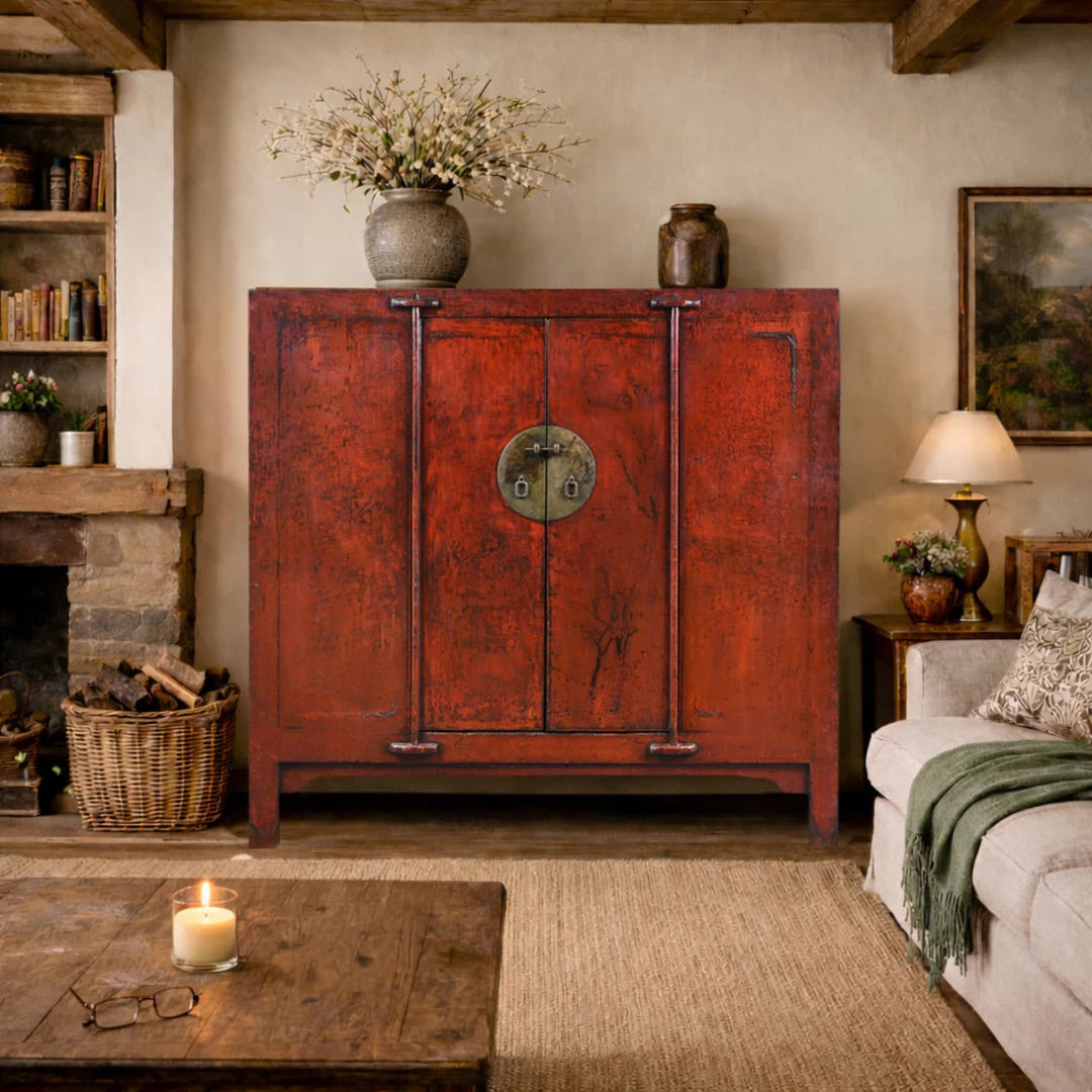 A Red Lacquer Wedding Cabinet From Shanxi in a Modern Interior
