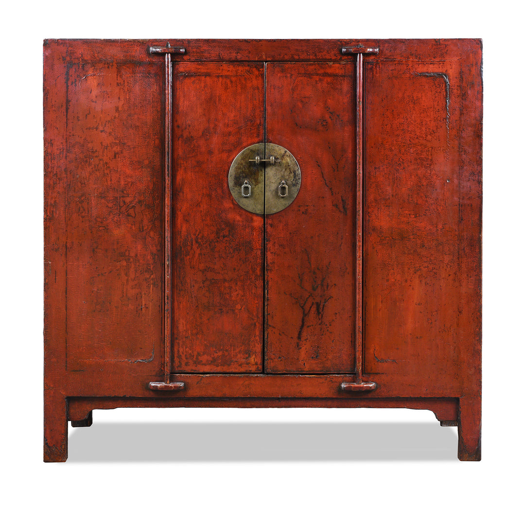 Antique 19th Century Qing Dynasty Shanxi Red Lacquer Wedding Cabinet In Original Peking Red With Brass Lock Plate | Indigo Antiques