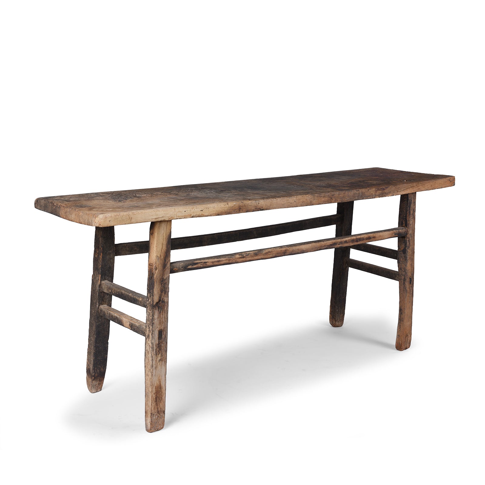 Angled View Of Antique 19th Century Shanxi Elm Altar Table With Bleached Finish And Original Black Lacquer Remnants