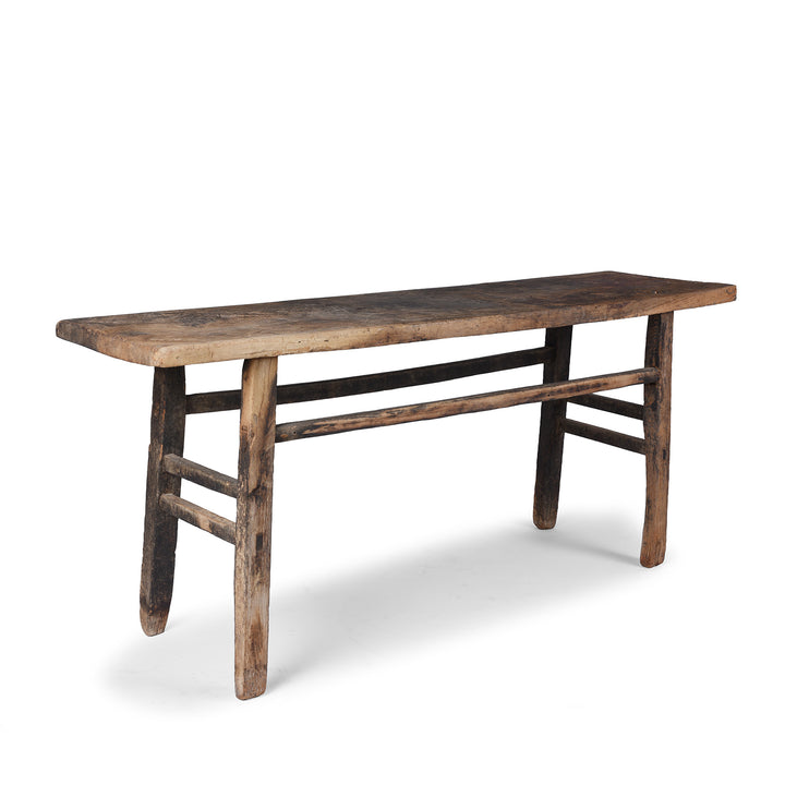 Angled View Of Antique 19th Century Shanxi Elm Altar Table With Bleached Finish And Original Black Lacquer Remnants