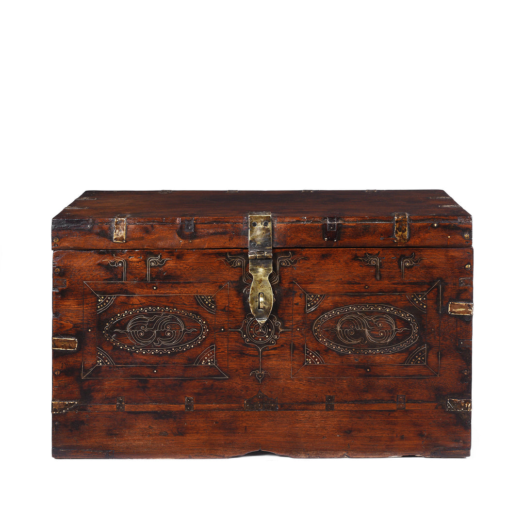 Antique Anglo Burmese Teak Military Chest With Brass Wire Inlay And Original Brass Fittings 19th Century