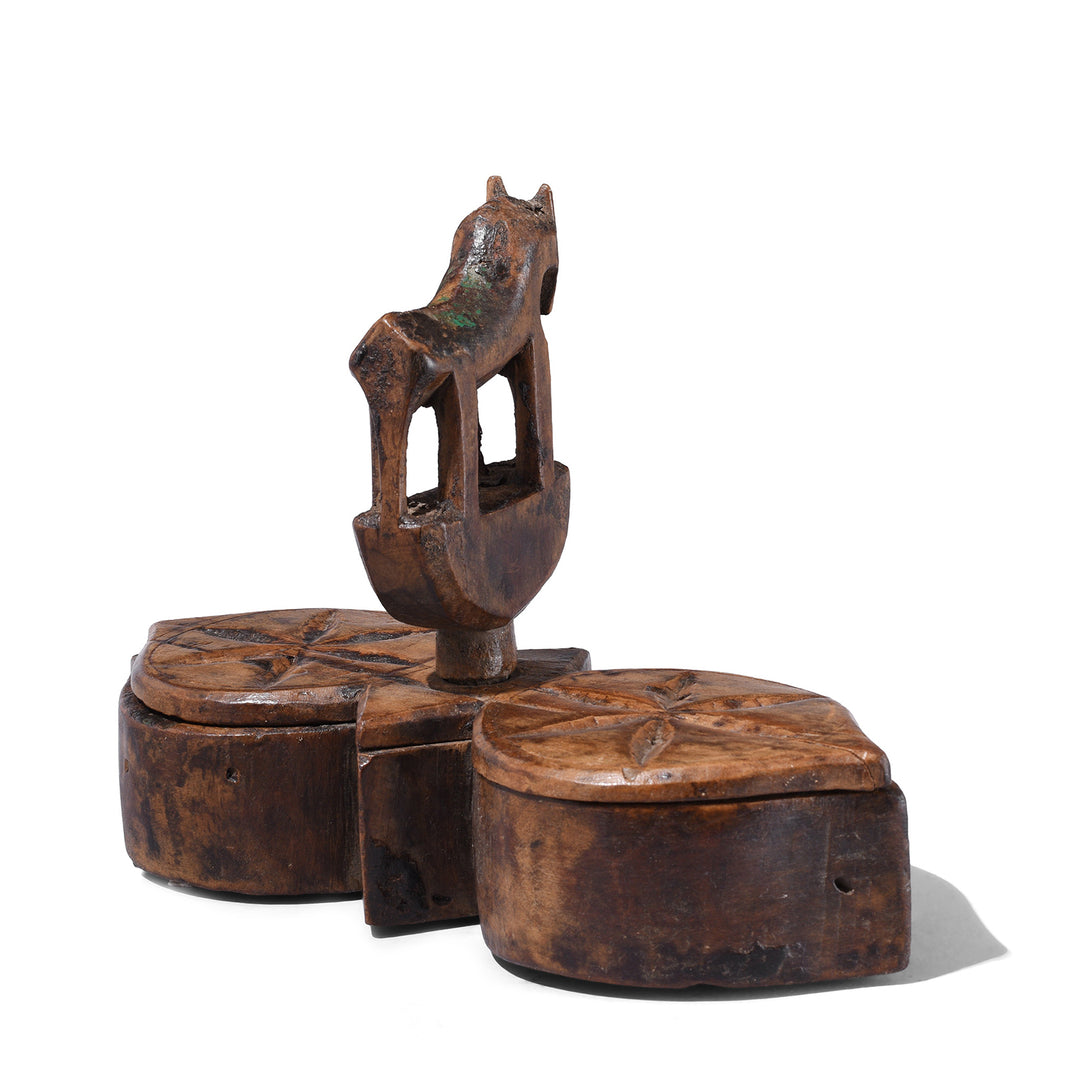 Antique Banswara Tribal Teak Wood Tika Box With Carved Lotus Motifs And Stylised Horse Finial