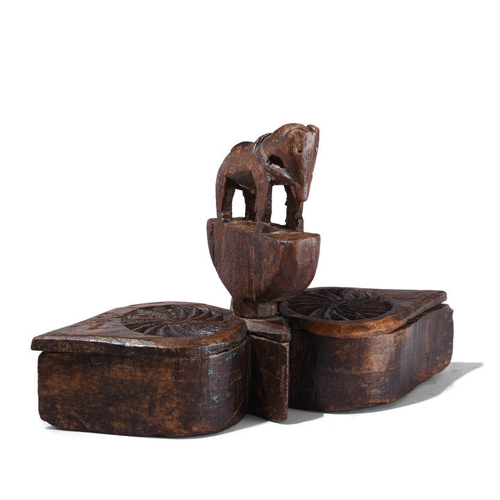 Antique Banswara Tribal Teak Wood Tika Box With Carved Lotus Motifs And Stylised Horse Finial