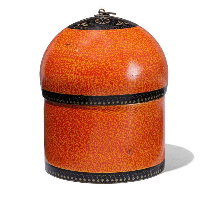 Antique Barmer Lacquer Pot With Orange And Black Pattern And Domed Lid
