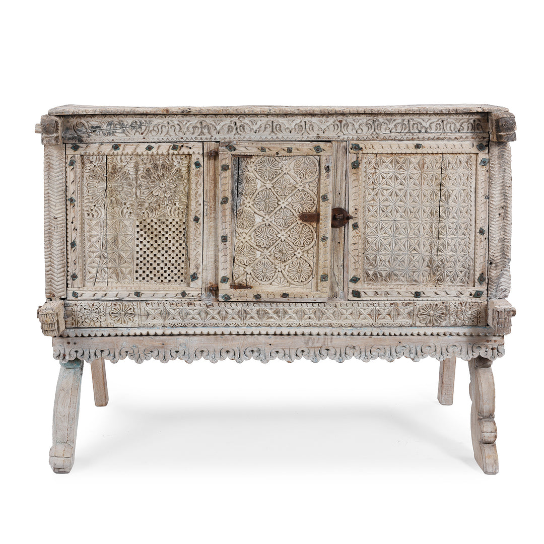 Antique Bleached Teak Majus Dowry Chest From Gujarat With Floral And Geometric Carving