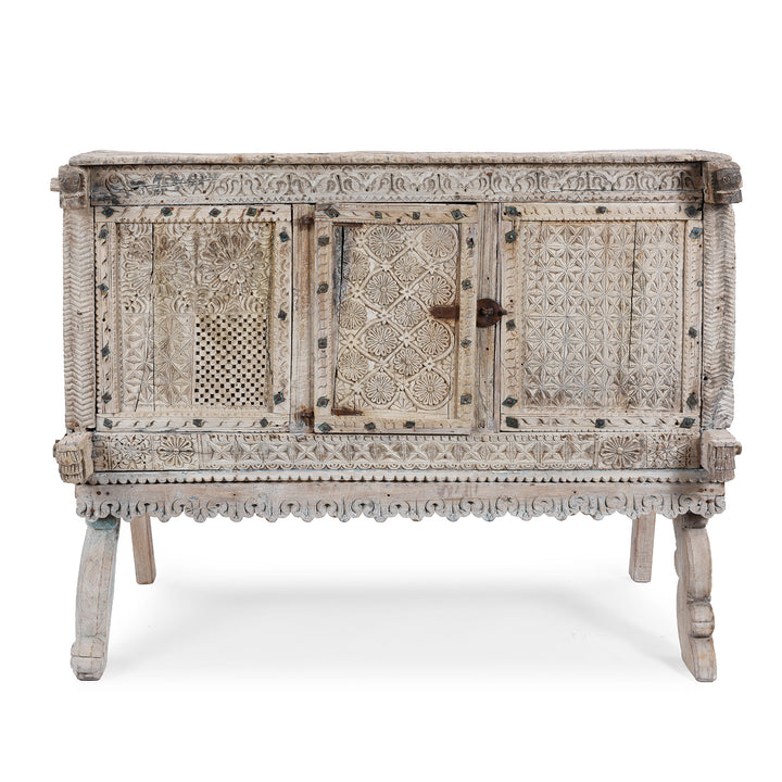 Antique Bleached Teak Majus Dowry Chest From Gujarat With Floral And Geometric Carving