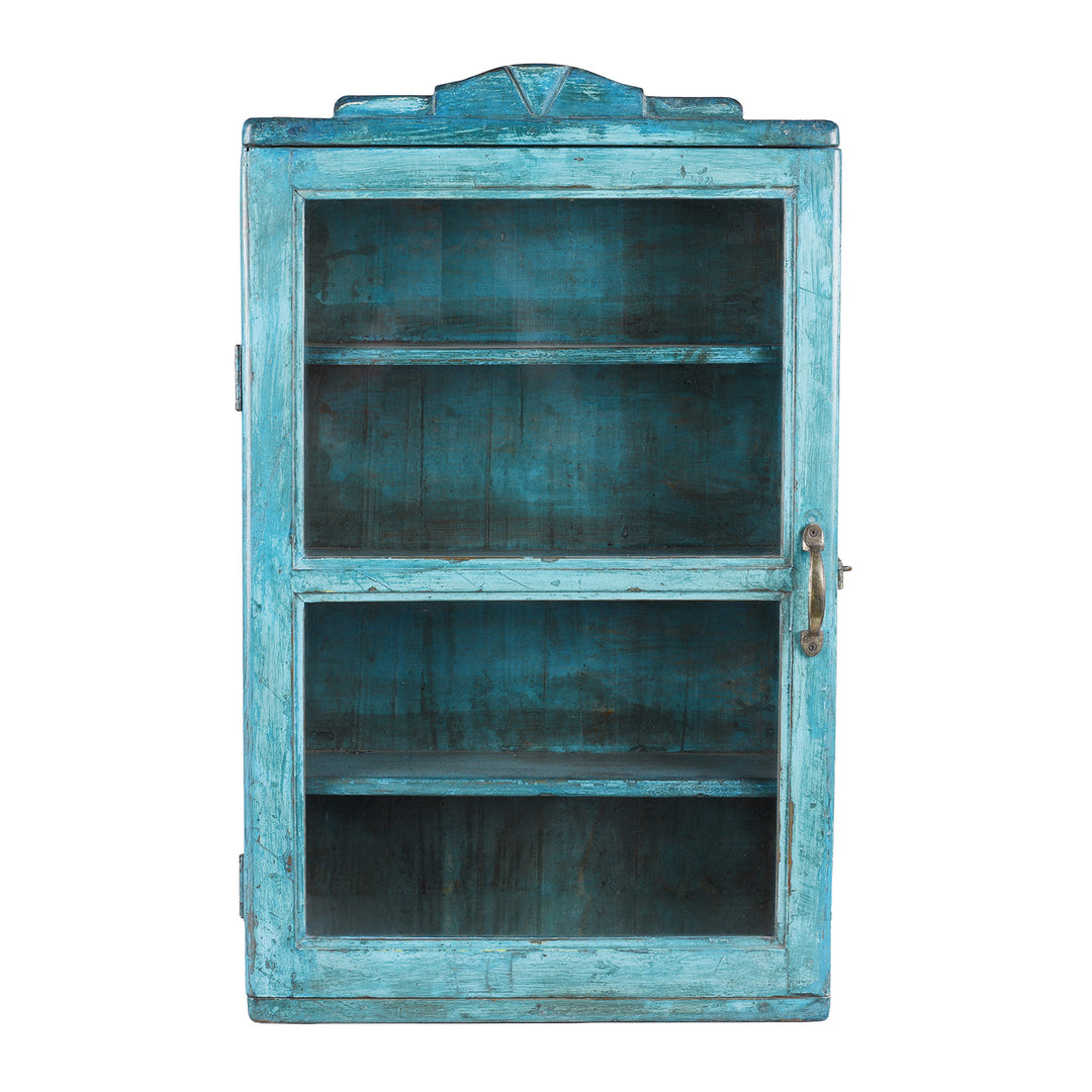 Antique Blue Painted Teak Glazed Wall Cabinet  | Indigo Antiques