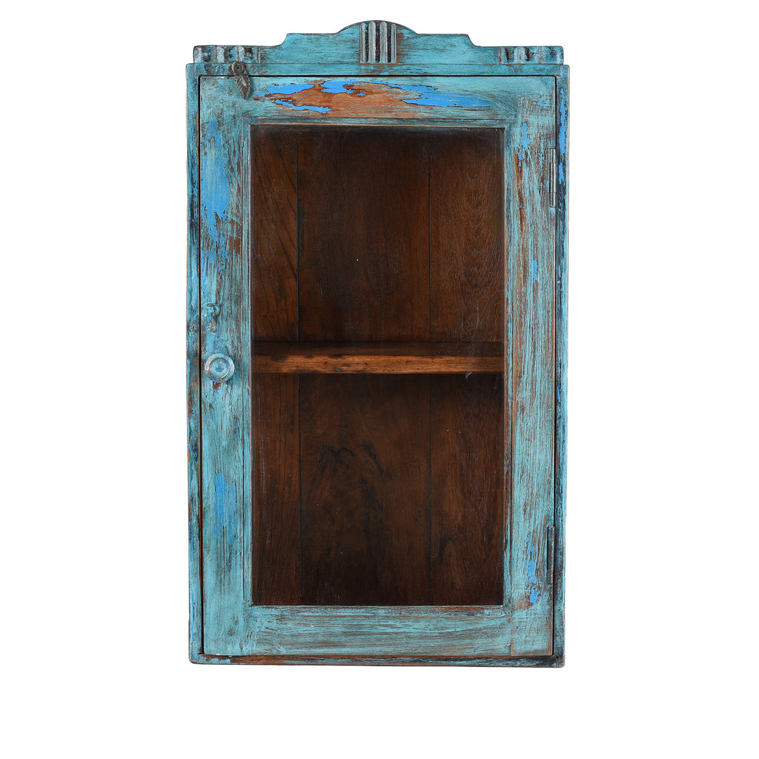 Antique Blue Painted Teak Wall Cabinet With Glass Door And Shelf
