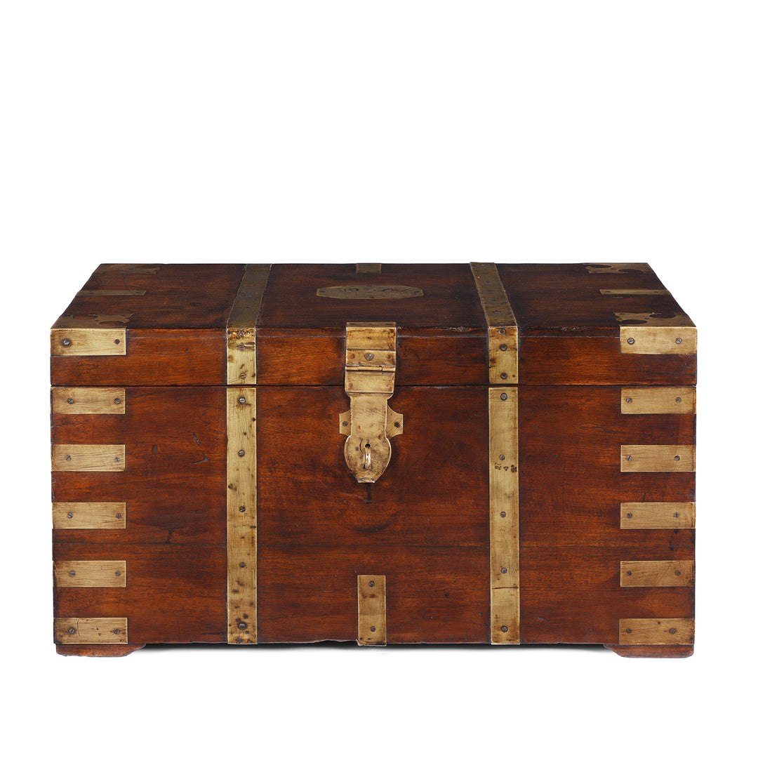 Antique Brass Bound Anglo Indian Teak Military Chest With Nameplate And Devanagari Numerals