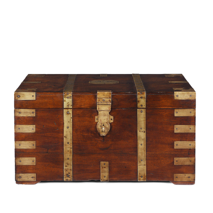 Antique Brass Bound Anglo Indian Teak Military Chest With Nameplate And Devanagari Numerals