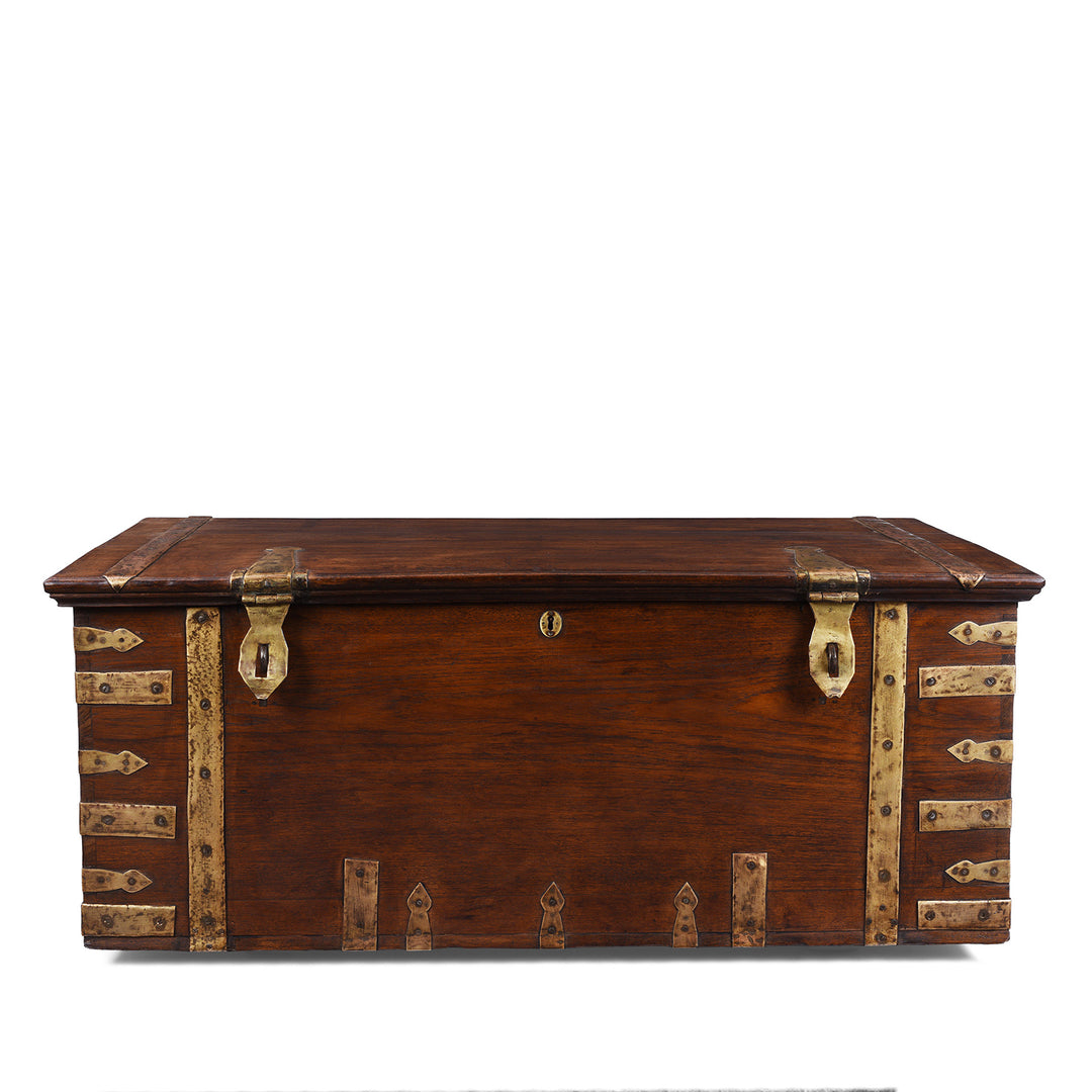 Brass Bound Teak Anglo Indian Military Chest From Kutch 19th Century With Patinated Fittings